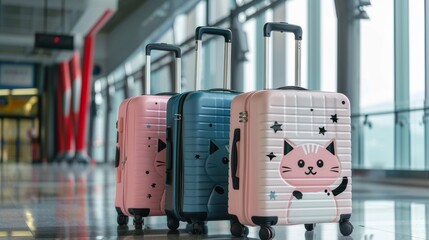 Three pieces of luggage with cat designs on them sitting in an airport, AI