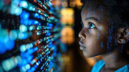 Child looking at a screen of digital data and color lights, digital age concept