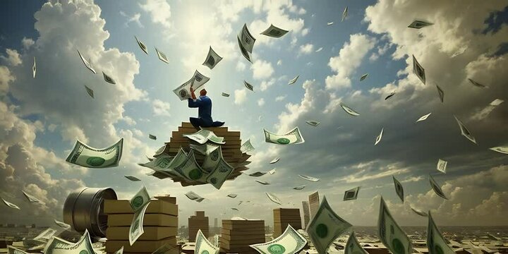 Money in the sky pile of money flying through the air, in the style of masterpiece, cinematic, photo realistic