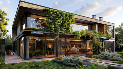 A sustainable living concept home blending natural materials and greenery for a harmonious exterior.