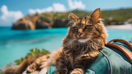 A cat laying on top of a bag next to the ocean, AI