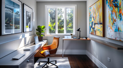 A tastefully decorated home office bathed in natural light, complete with a sleek desk, ergonomic chair, and inspiring artwork adorning the walls.