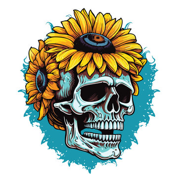 Hype skull wearing beanie hat and bite a sunflower