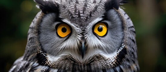 A close up of an Eastern Screech owl with yellow eyes staring directly at the camera, showcasing its grey feathers and sharp beak