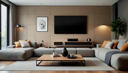 modern living room with 8K TV wall, sofa and coffee table, high-end audio sound system created with generative ai
