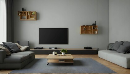 modern living room with 8K TV wall, sofa and coffee table, high-end audio sound system created with generative ai