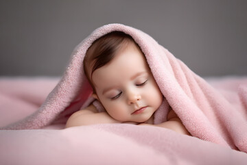 newborn baby in a pink blanket sleeping on a pastel pink background