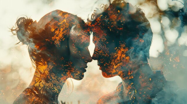 A couple is kissing in a photo with smoke and fire, AI