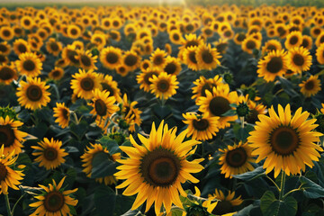 An aerial shot capturing the symmetrical patterns of sunflower fields, each bloom following the sun's path.