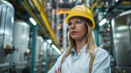 A woman in a hard hat and safety glasses standing inside of an industrial building, AI