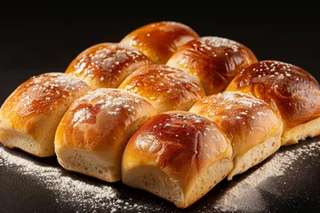 Foto auf Acrylglas freshly baked bread rolls on dark table © agrus_aiart