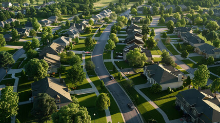 An aerial view of a sprawling suburban neighborhood with neatly manicured lawns and tree-lined streets.