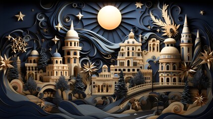 A 3d layered paper ancient building and the moon. A modern and creative 3d interior mural wall art wallpaper. Interior and wall art concept. - obrazy, fototapety, plakaty