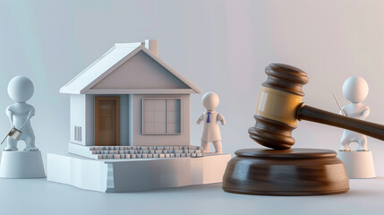 An AI-generated simulation depicting the bidding process in a futuristic auction, with virtual avatars participating, while a miniature house sits on a minimalist pedestal alongside a judge's gavel.