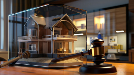 An AI-generated image of a miniature house displayed on a transparent screen, with a virtual reality headset and a judge's gavel on a polished wooden desk.