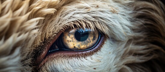 A closeup of a sheeps eye with a vibrant blue iris, showcasing the intricate details of the eyelash, head, and snout of this terrestrial animal - obrazy, fototapety, plakaty