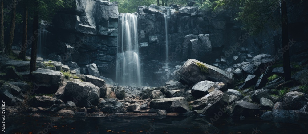 Poster a stunning waterfall flows through rocks and trees in the heart of a forest, creating a beautiful na