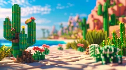 realistic voxel suny seaside background scene with cubic cactuses and flowers. best for the adventure gaming footage - obrazy, fototapety, plakaty