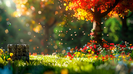 realistic fantasy voxel forest background scene with tree and big stone voxel cube. best for the heroic aventure gaming footage