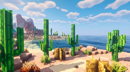 realistic voxel suny seaside background scene with cubic cactuses and sand. best for the cool gaming footage - obrazy, fototapety, plakaty