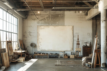 An artist's studio apartment with vaulted ceilings and industrial-chic decor, showcasing a blank wall ready for a rotating exhibit of original paintings.