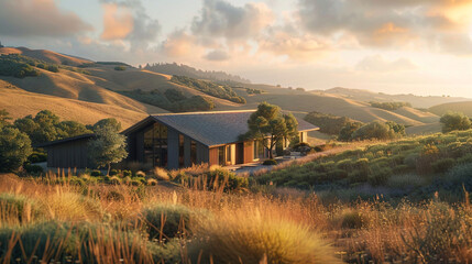 An enchanting modern farmhouse enveloped in rolling hills and bathed in golden sunlight.