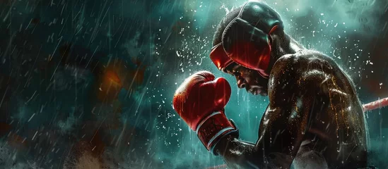 Fototapeten A man in boxing gloves and a hood stands in the rain, drawing inspiration from a fictional character. His stance resembles a powerful gesture in a dark and mysterious art film scene © 2rogan