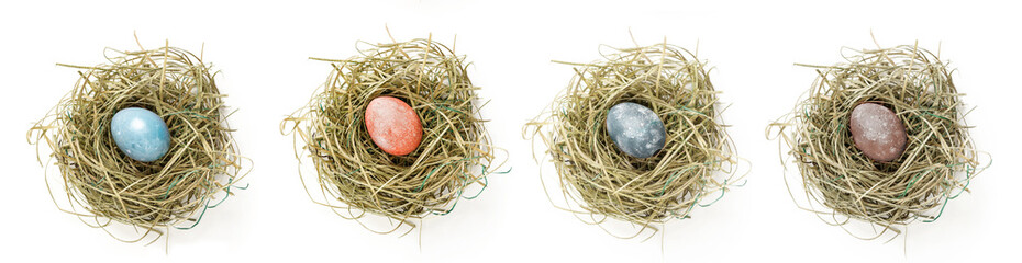 Painted easter egg in hay nest on white background