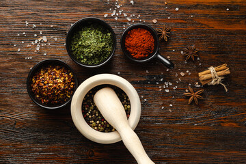 Various Spices on dark vintage background.. Top view