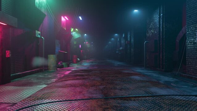 Three-dimensional loopable video animation with the long alley scape in the cyberpunk / sci-fi style