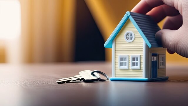 House and house keys with a keychain in the shape of a house. Real estate business concept. Buying a house. Keys to a new house.