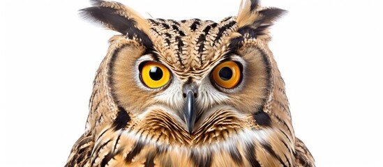 Obraz premium A close up of an Eastern Screech owls face with piercing yellow eyes and sharp beak, surrounded by fluffy feathers, set against a pure white background