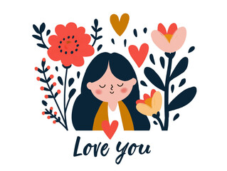 Love you text. Illustration of girl, flowers and hearts on white background. Greeting card