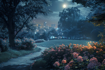 The city park transformed into a magical wonderland under the soft glow of moonlight,