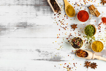 Top view of various spices in bowls isolated on white background. Copy space.