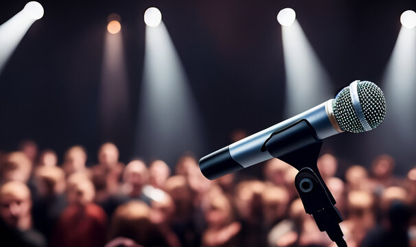 Microphone on Stage with Lights and Crowd in Background with Copy Space