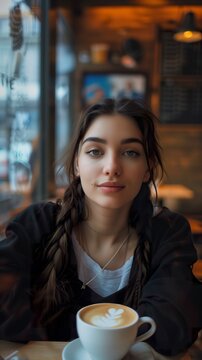 A beautiful young woman in her 30s with braids in a cafe in a photo taken on a cell phone. Woman drinking coffee looking at camera under natural light.