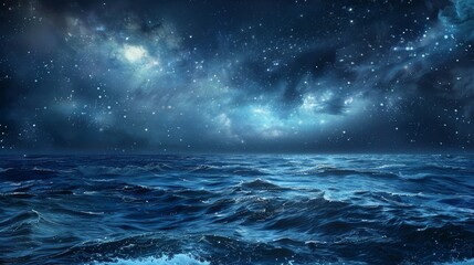 A calm and mystical sea under a starry night sky, depicted in an oil painting style. - obrazy, fototapety, plakaty