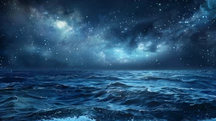 Fotobehang A calm and mystical sea under a starry night sky, depicted in an oil painting style. © furyon