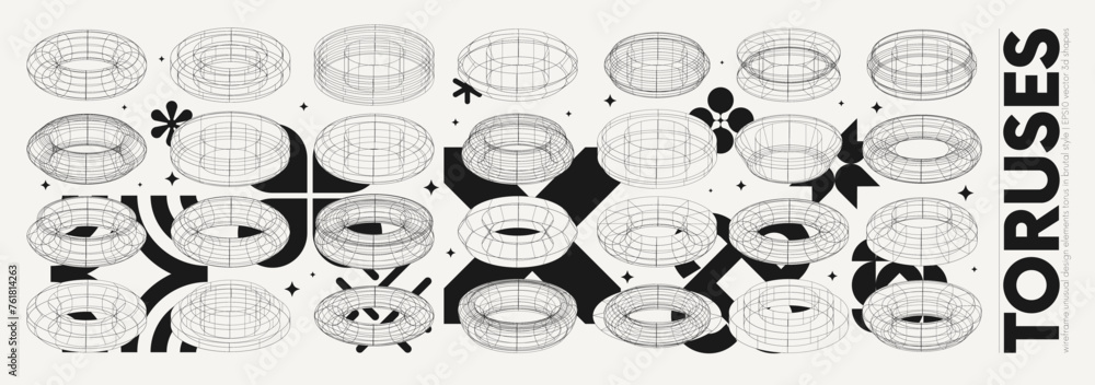 Fototapete vector graphic assets of unusual torus wireframe with geometrical shapes, strange stylized figures 3