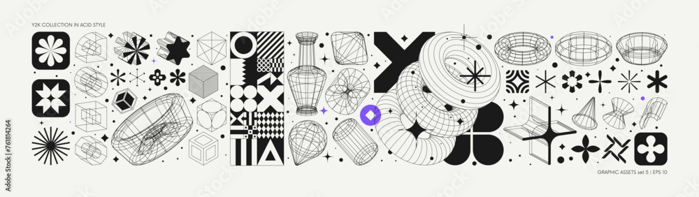 Aufkleber Vector graphic assets set in acid style, retro futuristic background with wireframe elements of different forms, bold modern shapes for design template, poster, stickers, banner in Y2k style set 5