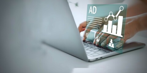 Businessman use laptop with advertising on website. Digital marketing commerce online sale ab...