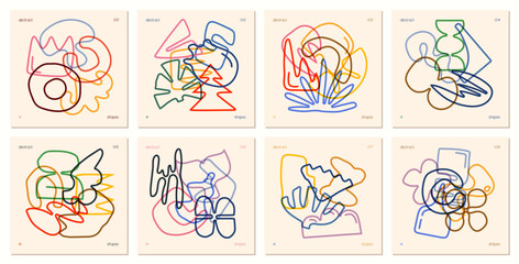 Set of compositions from contours various unusual figures drawn hand with multiplying effect, Сollage of сurve silhouettes minimal childish bizarre abstract playful geometric shapes, wall art set 1