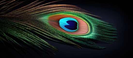 Obraz premium A detailed painting of a peacock feather showing a blue eyelike iris on a black background, showcasing the intricate design of a terrestrial plants wing in electric blue colors