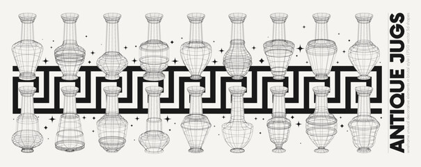 Vector graphic assets of unusual jugs wireframe with geometrical with Greek ornament, Strange stylized figures 3D surreal antique elements, graphic shapes assets inspired by brutalism
