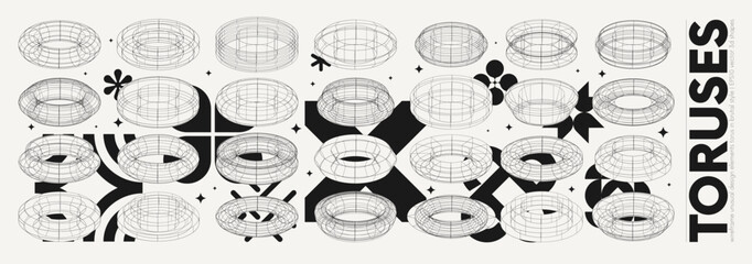 Vector graphic assets of unusual torus wireframe with geometrical shapes, Strange stylized figures 3D surreal toruses elements, graphic assets inspired by brutalism