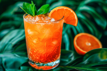 Summer cocktails by the pool. Sunny day, splashes, tropical fruits