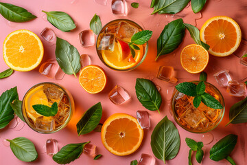 Top view of summer citrus cold drinks with citrus juice, orange slices, ice cubes, mint isolated on pink background