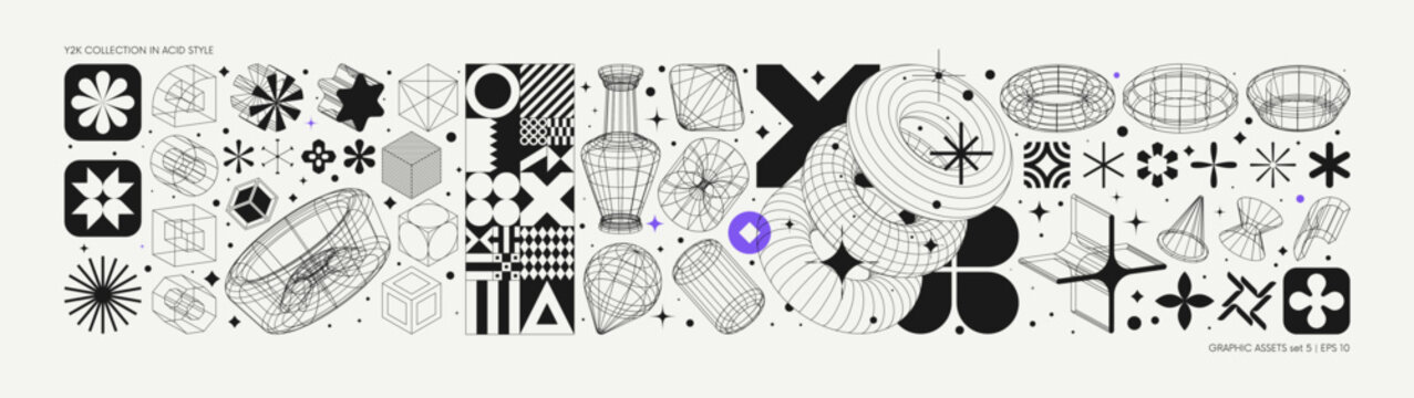 Vector graphic assets set in acid style, retro futuristic background with wireframe elements of different forms, bold modern shapes for design template, poster, stickers, banner in Y2k style set 5