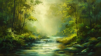 A peaceful river flowing through a lush forest, depicted in soft oil painting hues.